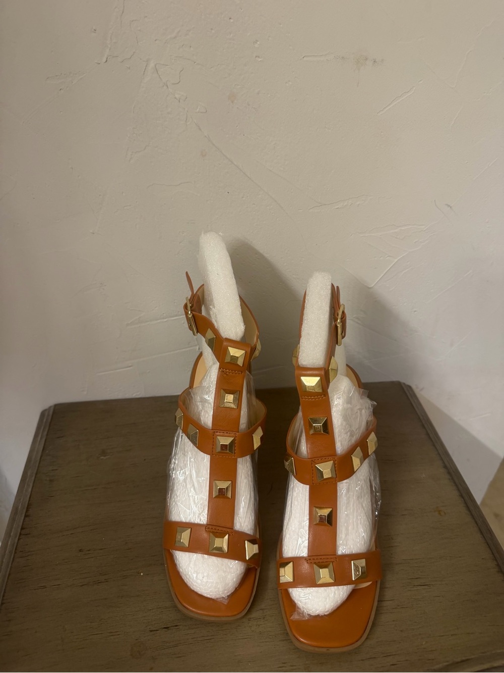 Soda Cognac T-Strap Studded Heels